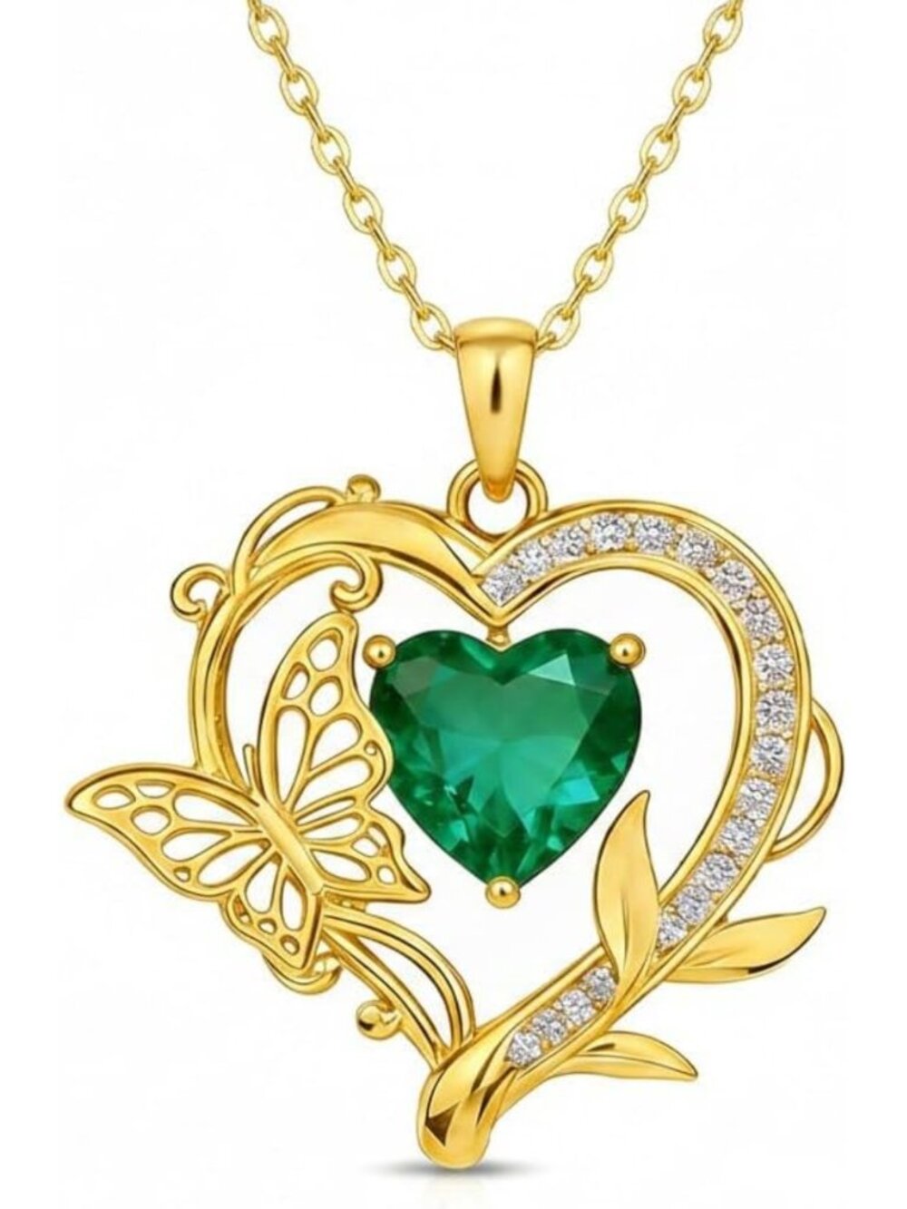 14K Gold Heart Cut 10MM Gemstone Butterfly Pendant Necklace - Elegant Jewelry